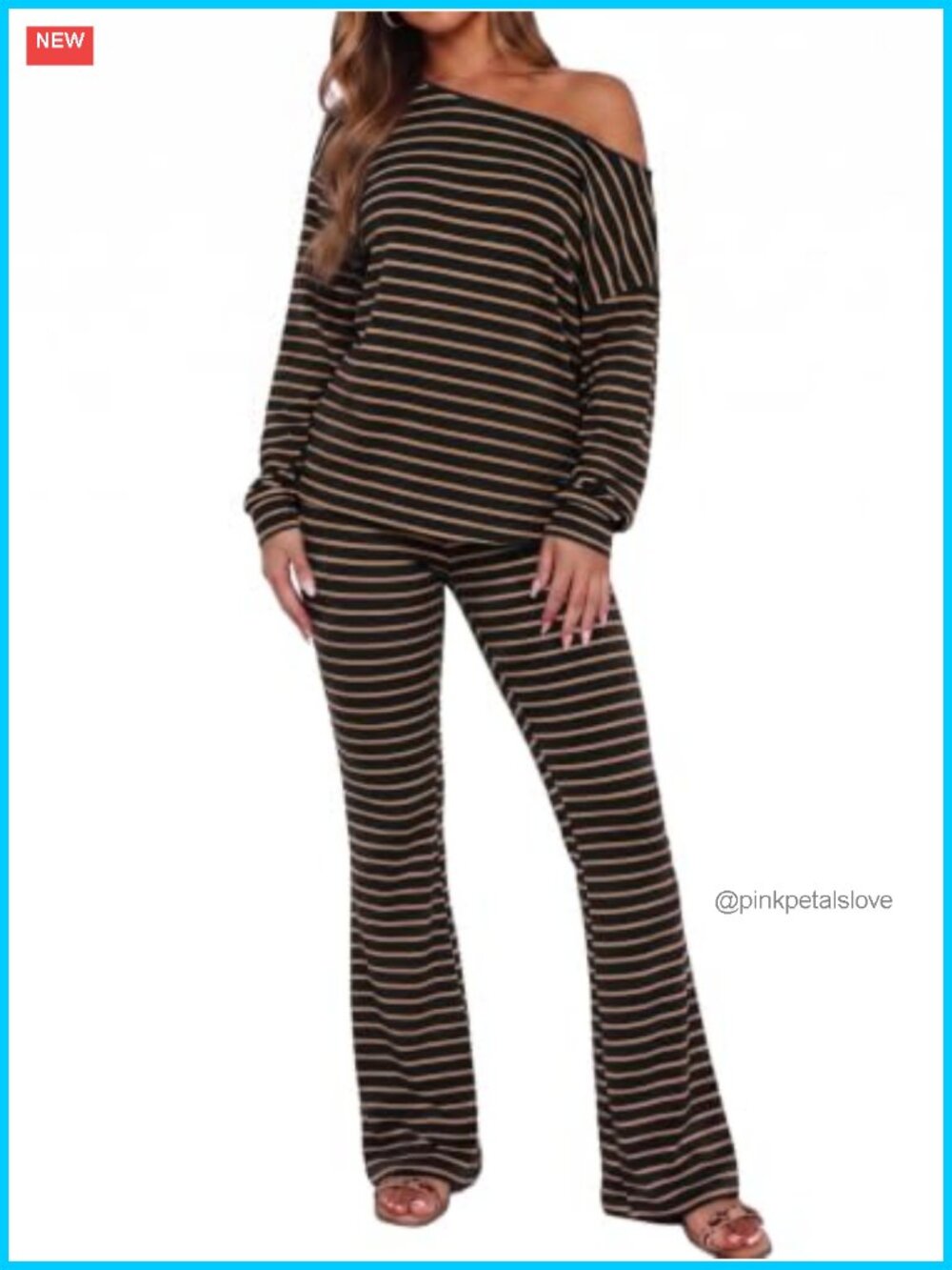 Fisoew 2 Piece Striped Off Shoulder Long Sleeve Top High Waist Flare Pants Set